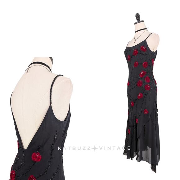Vintage Sue Wong Maxi Dress Gown 6 Black Red Y2K Fairy Goth Silk Floral Velvet - Picture 4 of 16